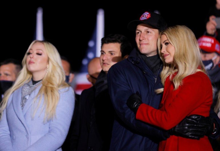 Tiffany Trump, White House senior advisor Ivanka Trump and White House senior advisor Jared Kushner look on as U.S. President Donald Trump holds a campaign rally at Kenosha Regional Airport in Kenosha, Wisconsin, U.S., November 2, 2020. REUTERS/Carlos Barria