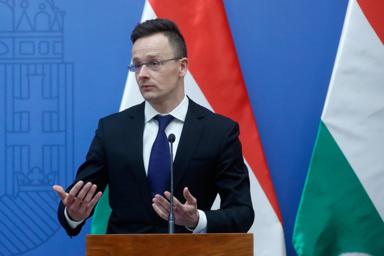 BUDAPEST, HUNGARY – FEBRUARY 11: Hungarian Foreign Minister Peter Szijjarto speaks as he appears with US Secretary of State Mike Pompeo (not pictured) at the foreign ministry on February 11, 2019 in Budapest, Hungary. They were expected to discuss energy issues and the debate over Huawei, the Chinese telecommunications company whom the U.S. accuses of stealing trade secrets and violating Iran sanctions. Afterward, Secretary Pompeo was scheduled to meet with Hungarian PM Viktor Orban. (Photo by Laszlo Balogh/Getty images)