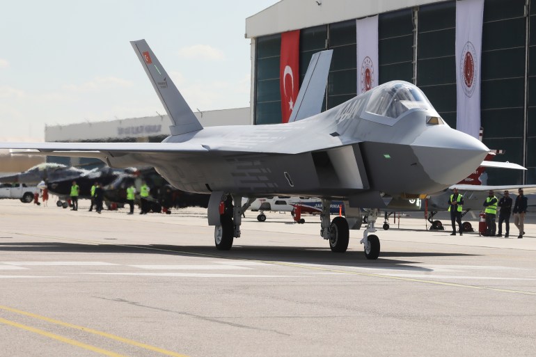 ANKARA, TURKIYE- MAY 1: Presentation ceremony of the National Combat Aircraft KAAN on May 1, 2023 in Ankara, Türkiye. According to the President's statements, the National Combat Aircraft (MMU) or TF-X "Kaan" project, which will enter the inventory of the Turkish Armed Forces, is considered an important step in Turkey's aviation and defense industry. (Photo by Yavuz Ozden/ dia images via Getty Images)