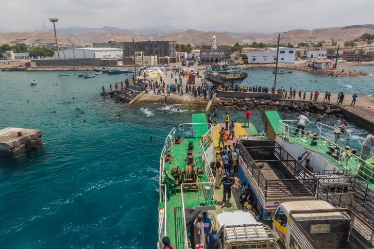 TADJOURA, DJIBOUTI - APRIL 20, 2019: Ferry Mohamed Bourhan Kassim departing the port of Tadjoura, Djibouti