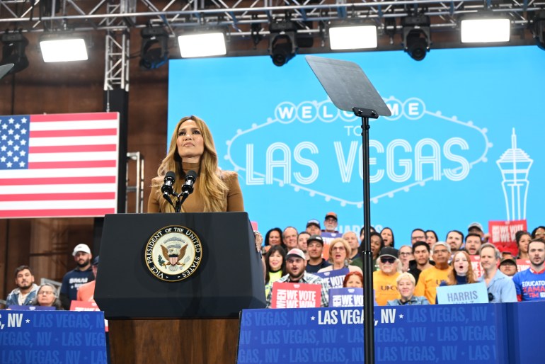 NORTH LAS VEGAS, NEVADA, UNITED STATES - OCTOBER 31: Jennifer Lopez (J-Lo) delivers remarks at a campaign rally in support of Vice President Kamala Harris five days before Election Day at the Craig Ranch Amphitheater in North Las Vegas, Nevada, United States on October 31, 2024. (Photo by Kyle Mazza/Anadolu via Getty Images)