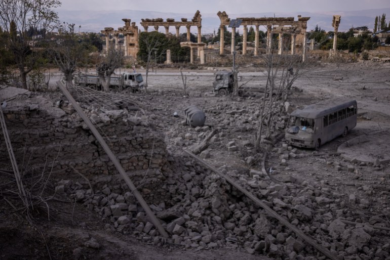 BAALBEK, LEBANON - NOVEMBER 7: Destruction to a hotel, walkway and shops from an Israeli airstrike the day before is seen in front of Baalbeks Unesco World Heritage site ancient ruins on November 7, 2024 in Baalbek, Lebanon. Israel has increasingly targeted Lebanon's eastern city of Baalbek and the surrounding Bekaa valley, considered a bastion of Hezbollah support. Earlier this week, Israel ordered residents of Baalbek and neighboring towns to evacuate before a new wave of strikes. (Photo by Ed Ram/Getty Images)