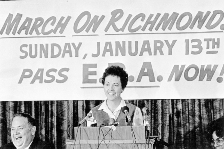 Sonia Johnson, founder of Mormons for E-R-A, addresses a news conference lending her support to a planned demonstration in Richmond for passage of E-R-A during the 1980 session of the general assembly. Mrs. Johnson was recently excommunicated from the Mormon church for vocal support of the Equal Rights Amendment.