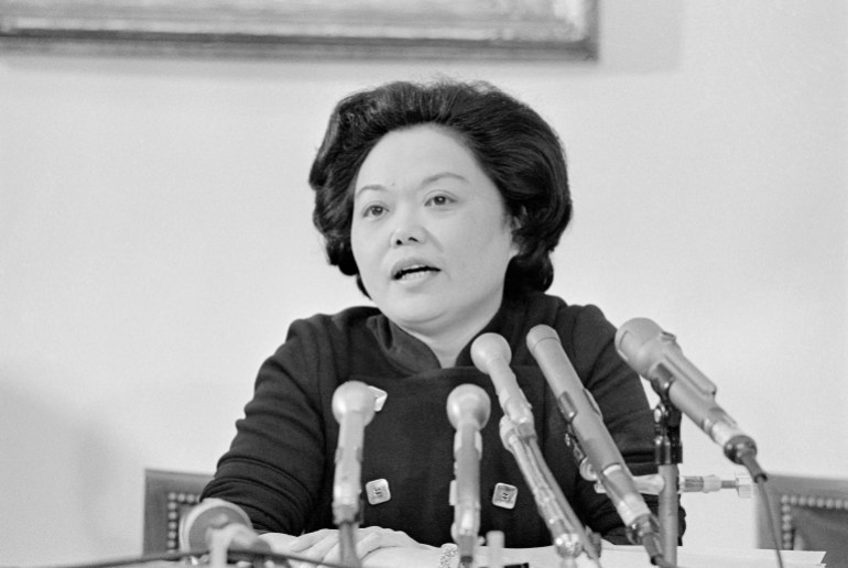 Representative Patsy Mink Speaking at Microphones