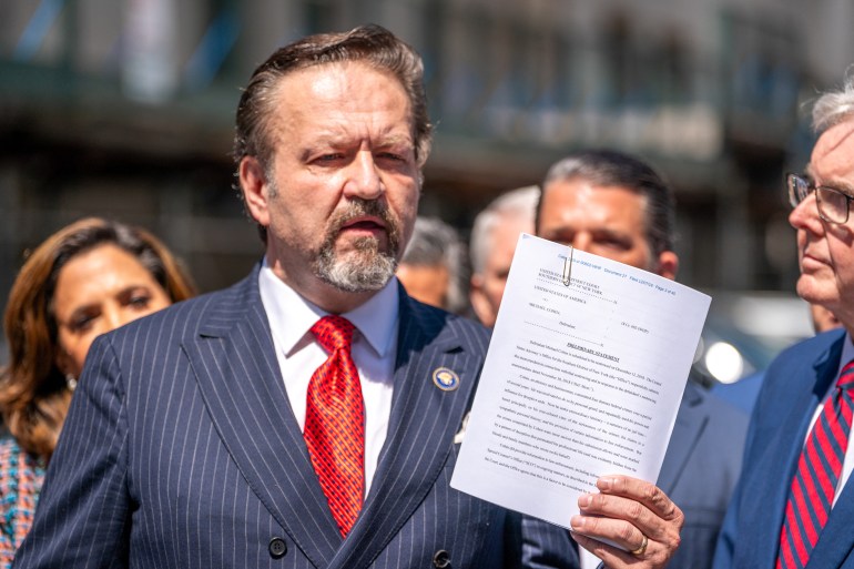 Sebastian Gorka speaks during a press conference by supporters of former U.S. President Donald Trump after they attended his trial for allegedly covering up hush money payments linked to extramarital affair with Stormy Daniels, in Manhattan, New York City, U.S., May 21, 2024. REUTERS/David 'Dee' Delgado