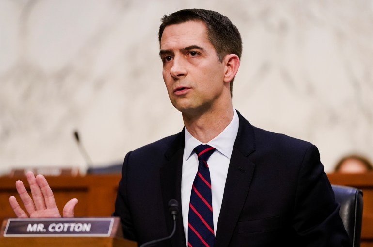 U.S. Senator Tom Cotton (R-AR) speaks during a U.S. Senate Judiciary Committee confirmation hearing on Judge Ketanji Brown Jackson's nomination to the U.S. Supreme Court, on Capitol Hill in Washington, U.S., March 22, 2022. REUTERS/Elizabeth Frantz