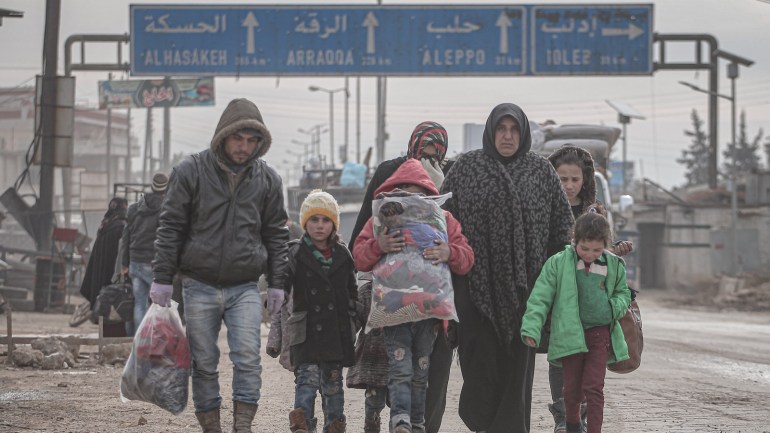 Syria: 27.000 more civilians flee Idlib de-escalation zone last 4 days- - IDLIB, SYRIA - FEBRUARY 11: Syrian families, who have been forced to displace due to the ongoing attacks carried out by Assad regime and Russia, are seen on their way to safer zones with their belongings, from Daret Izze, Etarib regions in Idlib, Syria on February 11, 2020. More than 27.000 civilians have fled their homes falling inside the Idlib de-escalation zone in Syria over the last four days due to attacks of regime and its allies.