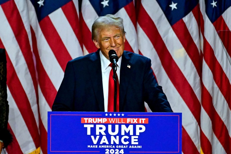 Former US President and Republican presidential candidate Donald Trump speaks during an election night event at the West Palm Beach Convention Center in West Palm Beach, Florida, on November 6, 2024. - Republican former president Donald Trump closed in on a new term in the White House early November 6, 2024, just needing a handful of electoral votes to defeat Democratic Vice President Kamala Harris. (Photo by Jim WATSON / AFP)