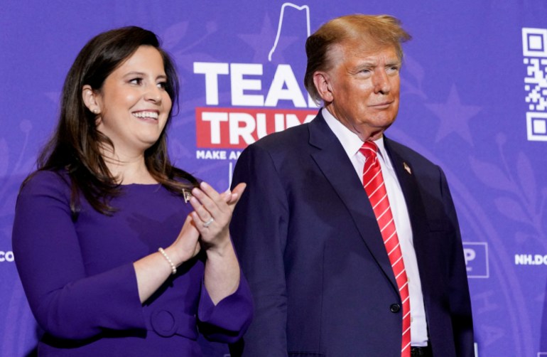 FILE PHOTO: Former U.S. President and Republican presidential candidate Donald Trump and U.S. Representative Elise Stefanik (R-NY) attend a rally ahead of the New Hampshire primary election in Concord, New Hampshire, U.S. January 19, 2024. REUTERS/Elizabeth Frantz/File Photo