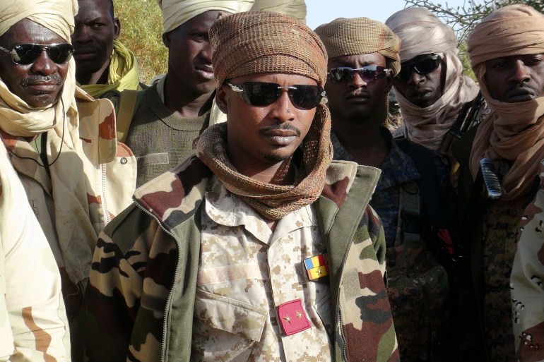 The son of Chad's President Idriss Deby, Mahamat Idriss Deby Itno (also known as Mahamat Kaka) and Chadian army officers gather in the northeastern town of Kidal, Mali, February 7, 2013. REUTERS/Cheick Diouara