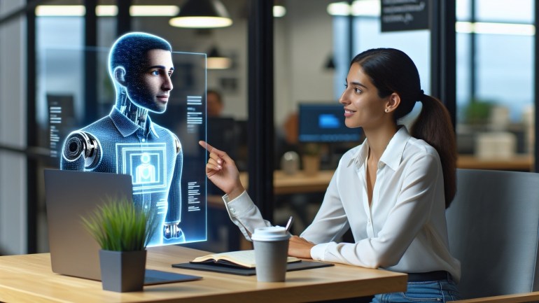 Indoor photo of a keen office worker having a 1-on-1 session with ai, for the end-of-the-year review. ai can be more human-looked, and with logo 'claude' on it