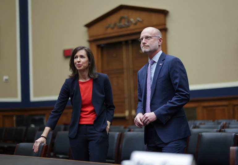 WASHINGTON, DC - MARCH 31: Jessica Rosenworcel (L), Chairwoman of the Federal Communications Commission (FCC) and FCC Commissioner Brendan Carr arrives to testify during a House Energy and Commerce Committee Subcommittee hearing on March 31, 2022 in Washington, DC. The subcommittee held a hearing on oversight of the FCC. Kevin Dietsch/Getty Images/AFP (Photo by Kevin Dietsch / GETTY IMAGES NORTH AMERICA / Getty Images via AFP)